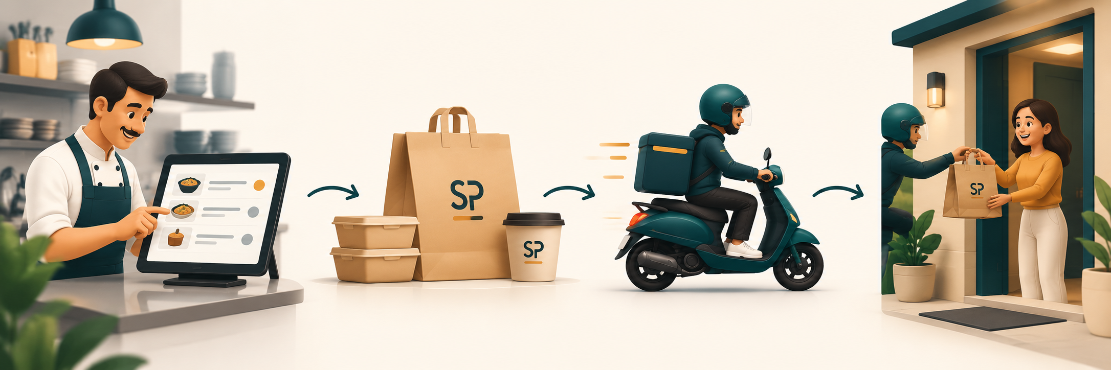 SP Partner order journey from restaurant acceptance through preparation, rider pickup and delivery